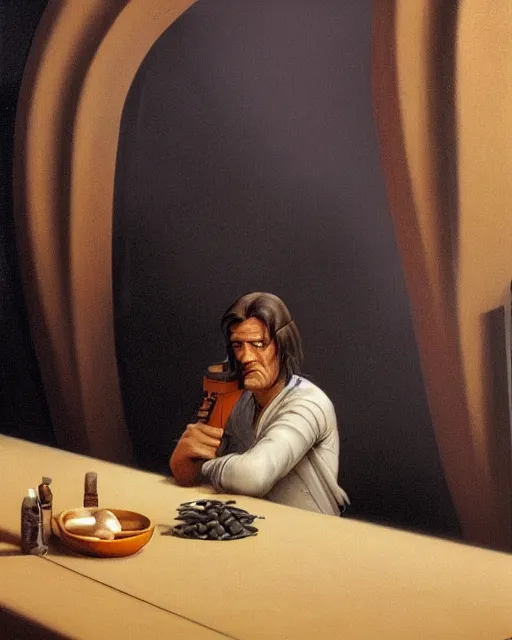 Image similar to rhett sarlin sitting at a table in a cantina on tatooine, long black hair in a ponytail, portrait by ralph mcquarrie