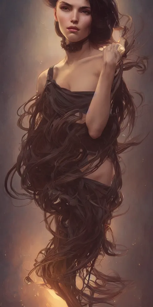 Image similar to an attractive young female, olive skin, long dark hair, beautiful bone structure, intricate, elegant, highly detailed, digital painting, artstation, concept art, smooth, sharp focus, illustration, art by artgerm and greg rutkowski and alphonse mucha