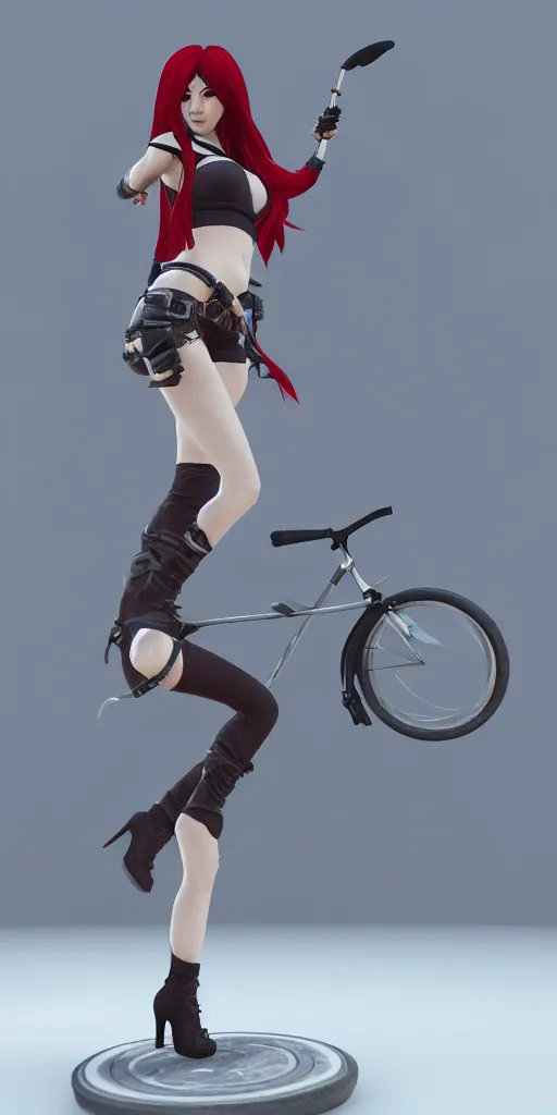 Prompt: Katarina from League of Legends on a unicycle, photorealistic full body, studio lighting, unreal engine 5, hyperrealistic, dynamic lighting, white ambient background, realistic, highly detailed