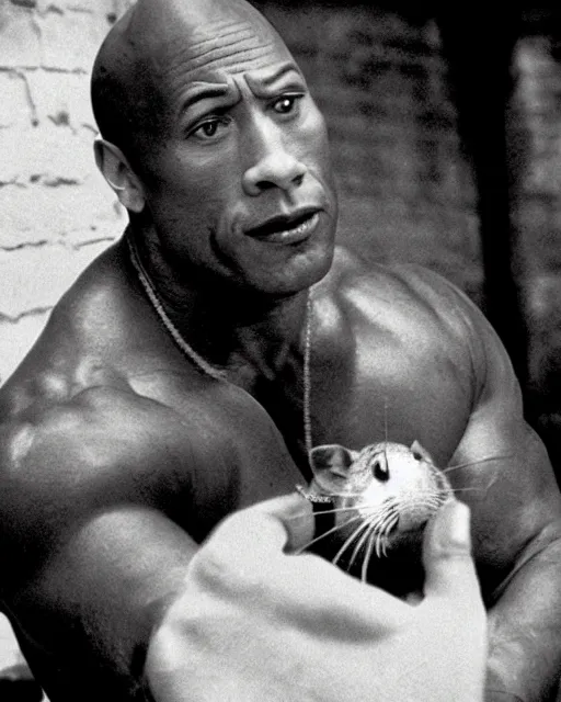 Image similar to film still close - up shot of dwayne johnson as john coffey petting a mouse in the movie the green mile. photographic, photography