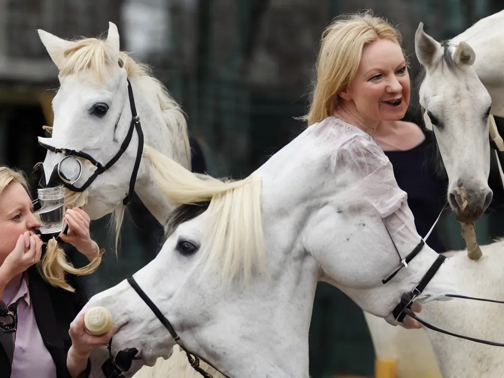 Image similar to liz truss drinking milk from the mouth of a horse