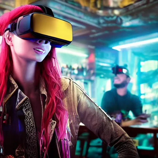 Image similar to a high quality portrait of a beautiful stunning pirate in a cyberpunk cyberpunk cyberpunk cafe wearing a VR visor realism 8k award winning photo