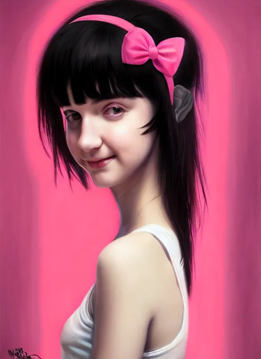 Image similar to portrait of teenage girl, realistic, black hair, bangs, half updo hairstyle, pointy nose, skinny, smile, ugly, defined jawline, big chin, pink hair bow, earrings, intricate, elegant, glowing lights, highly detailed, digital painting, artstation, sharp focus, illustration, art by wlop, mars ravelo and greg rutkowski