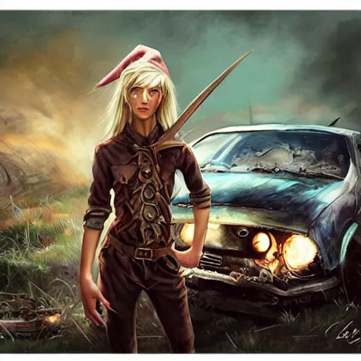 Prompt: a skinny high-fantasy elf with a long narrow face and spiky blonde hair wearing dark brown overalls and holding a bomb next to a destroyed car, painting by Charlie Bowater