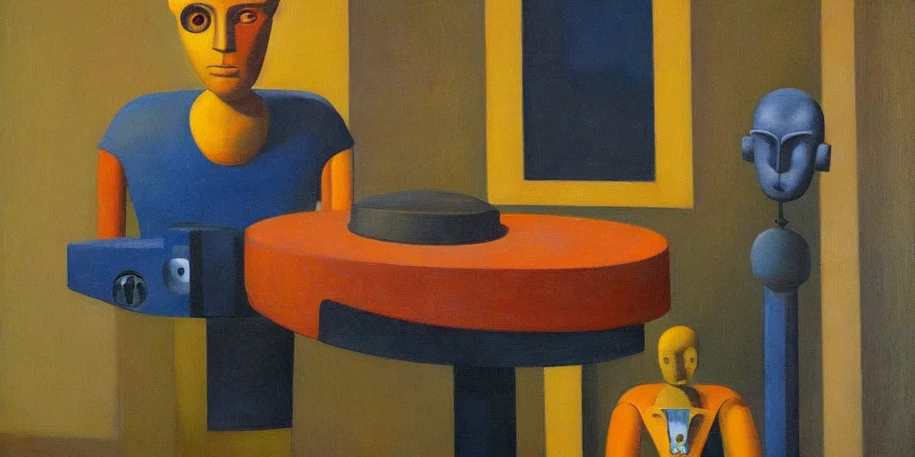 Image similar to super - intelligent robot with kind eyes portrait, grant wood, pj crook, edward hopper, oil on canvas