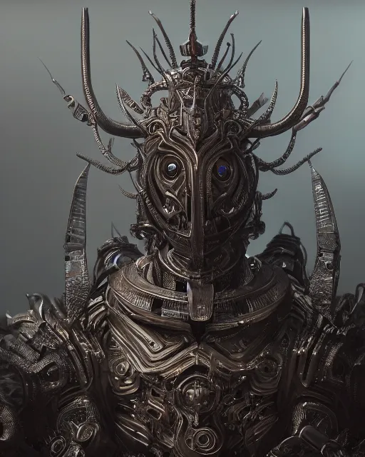 Prompt: a highly detailed matte painting portrait of a porcelain humanoid demon wearing a massive ornate headdress made of realistic metal and sci fi armor, art deco, cinematic lighting, smooth, dark sci fi, unreal engine, octane render, by blizzard studios, golden rule, subject in center of frame, fog volumes, cgsociety