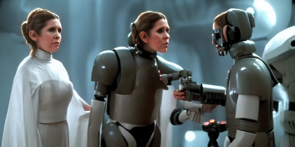 Prompt: a full color still of Carrie Fisher as Leia Organa talking to a humanoid sci-fi extraterrestrial alien, cinematic lighting, 1999, directed by Steven Spielberg, 35mm