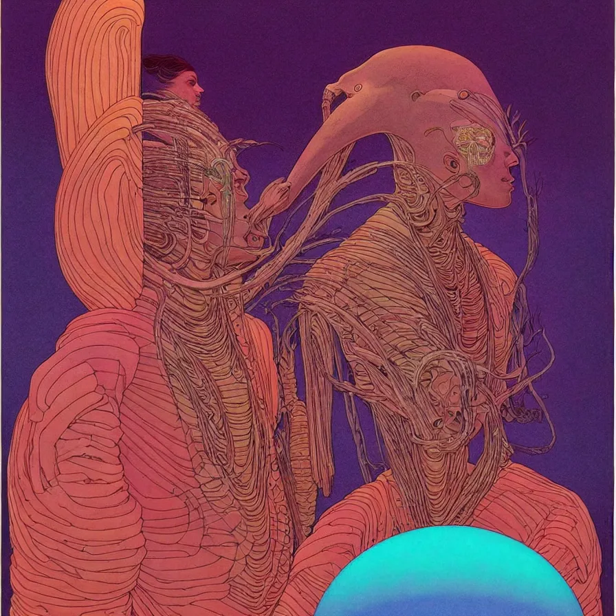 Image similar to ( ( ( sacred ancient ) ) ) by mœbius!!!!!!!!!!!!!!!!!!!!!!!!!!!, overdetailed art, colorful, record jacket, warm tones, bioluminescent