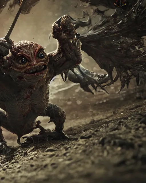 Prompt: highly detailed portrait of a movie gremlin, attacking a human warrior. depth of field, breathtaking, detailed and intricate environment, 8 k resolution, hyperrealistic, octane render