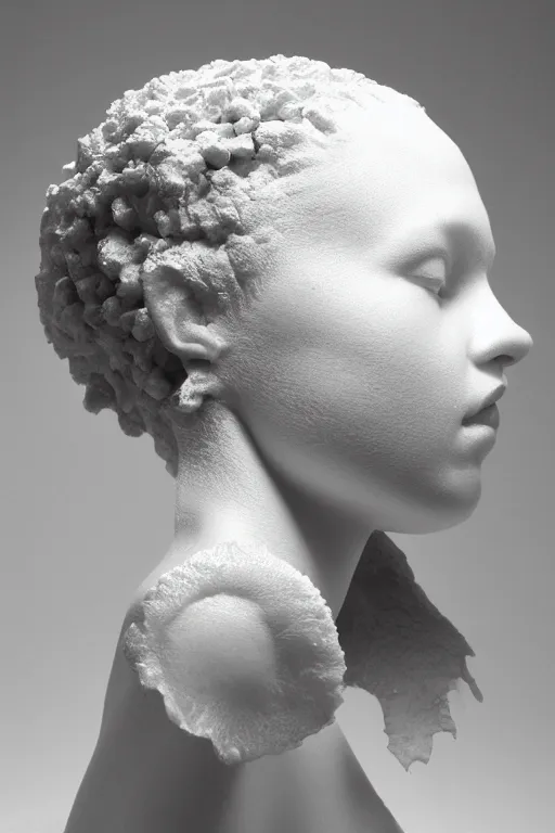 Prompt: full head and shoulders, beautiful female porcelain sculpture by daniel arsham and raoul marks, smooth, all white features on a white background, delicate facial features, twenty black eyes, white lashes, detailed white 3 d giant poppies on the head