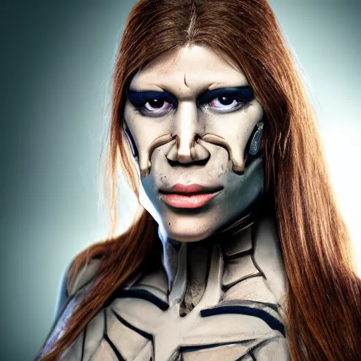 Prompt: portrait photo of a beautiful female Neanderthal cyborg!