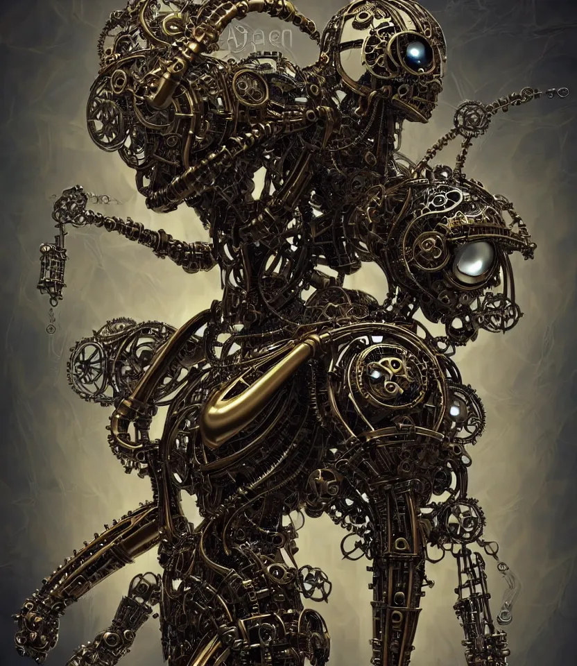 Prompt: steampunk cybernetic biomechanical robotic angel of death, symmetrical, front facing, 3 d model, very coherent symmetrical artwork, unreal engine realistic render, 8 k, micro detail, gold and steel intricate, elegant, highly detailed, digital painting, artstation, smooth, sharp focus, illustration, artgerm, tomasz alen kopera, wlop