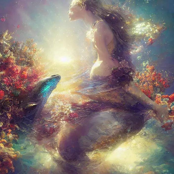 Image similar to glimmering whale, flowing dress, flowers, cosmos, milky way galaxy, golden hour, god rays, coral reef, dreamscape by artgerm and ruan jia and ismail inceoglu and greg olsen, masterpiece, beautiful, intricate, elegant, highly detailed