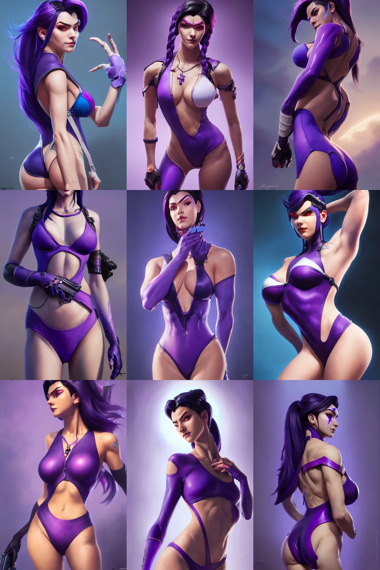 Prompt: painting of widowmaker from overwatch, closed swimsuit, purple blue skin color, ultra realistic, sharp details, subsurface scattering, intricate details, warm lighting, beautiful features, highly detailed, photorealistic, octane render, 8 k, unreal engine, art by artgerm and greg rutkowski and alphonse mucha