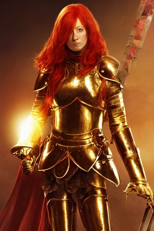 Image similar to a tall, red - haired female knight wearing golden armor and a right golden prosthetic arm, longer than her left arm. she wields a long golden blade