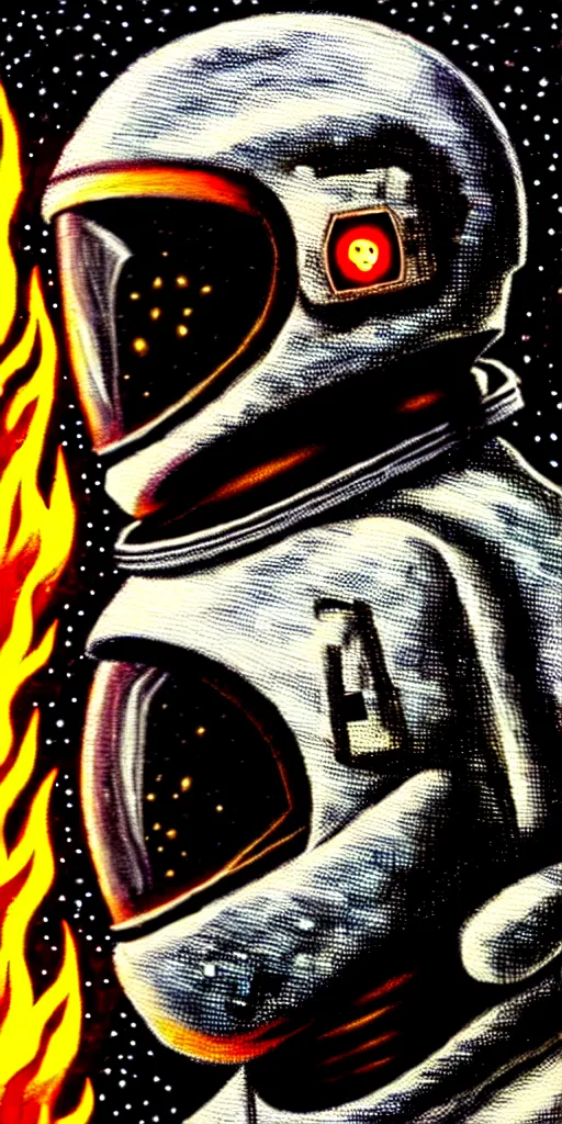 Image similar to an extreme detailed painting with detailed textures of a headless astronaut with quantum fire coming out of his helmet, disturbing cybergothic dystopian polluted high image quality