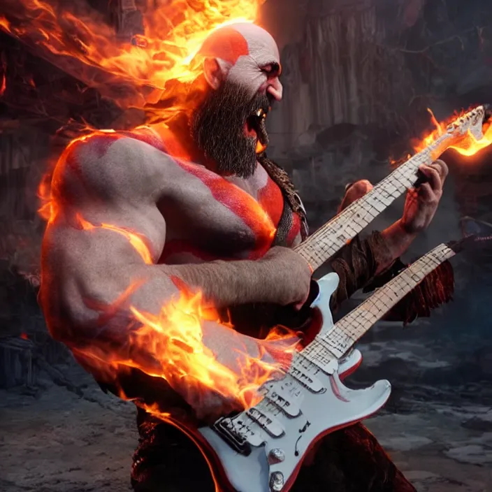 Image similar to kratos rocking out on a flaming stratocaster guitar, cinematic render, god of war 2 0 1 8, playstation studios official media