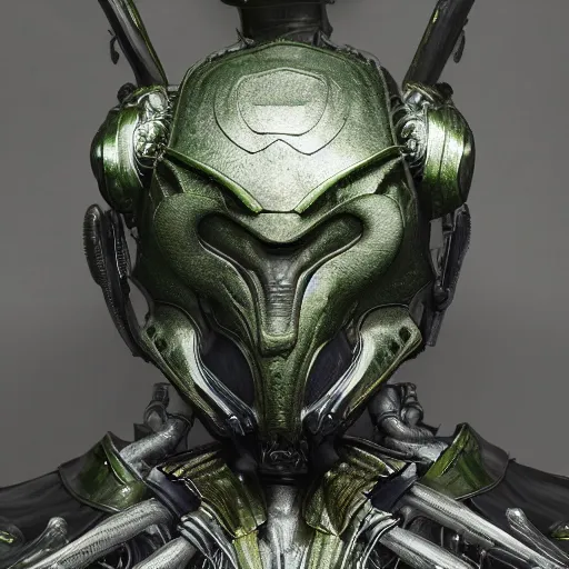 Image similar to Prometheus Engineer from the movie Prometheus (2012), highly detailed, symmetrical long head, raiden metal gear, cinematic smooth stone, deep aesthetic, concept art, post process, 4k, carved green metal texture and silk cloth, latex skin, highly ornate intricate details, in the style of frank miller