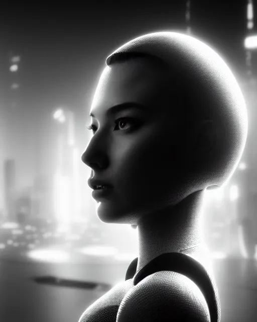 Image similar to black and white high quality photo of a beautiful female AI cyborg looking into a sci-fi mirror, volumetric lighting, liminal space, brutalism, foggy, dreamy, hyperdetailed, bokeh, photorealistic, cinematic, masterpiece, Metropolis, elegant, dark, octane render, 8K,