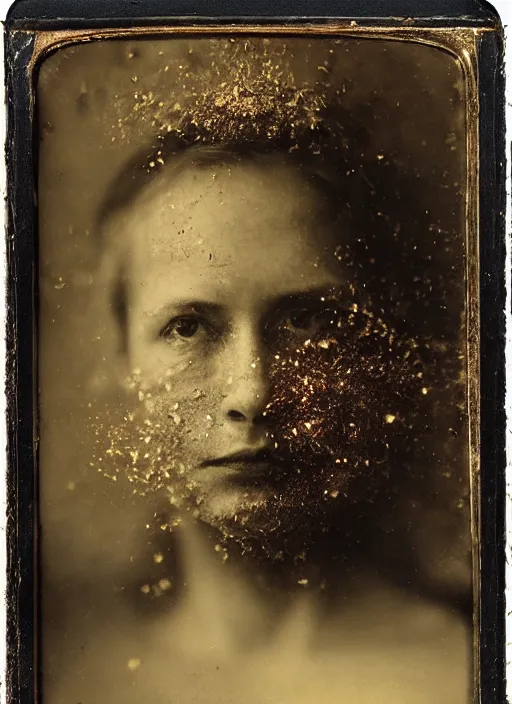 Prompt: old wetplate daguerreotype portrait, explosion of data fragments, thin micro fibers, fractal, intricate, elegant, highly detailed, parallax, leica, medium format, subsurface scattering, by jheronimus bosch and greg rutkowski and louis jacques mande daguerre