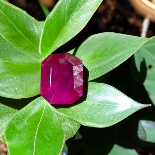 Prompt: a plant with a polished cut ruby gemstone growing from it