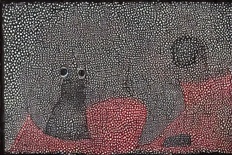 Image similar to teeth, smile, faceless people, black figures, dark, acrylic, clay, dots abstract, dripping, stipple, pointillism, technical, abstract, minimal, style of francis bacon, asymmetry, pulled apart, stretch, cloak, eerie, made of dots, abstraction chemicals, blotter, mask, colored dots, splotch, old painting style
