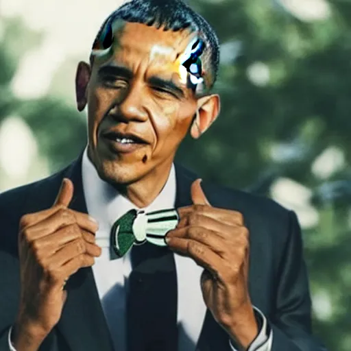 Prompt: realistic photo of obama with red hair wearing a black sweater and a green bow tie, still from riverdale