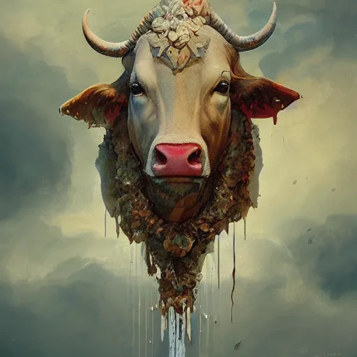 Image similar to sacred cow, acanthus scroll, ceremonial clouds, dripping paint, fibonacci rhythm, artstation, art germ, wlop, karol bak, christopher balaskas, ross tran