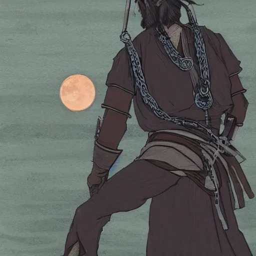 Image similar to A PORTRAIT FROM BEHIND OF A SAMURAI MAN VAGABOND WITH A MOON BEHIND HIM ,THE SAMURAI IS WRAPPED IN CHAINS ,detailed, concept art, ink style , sketch