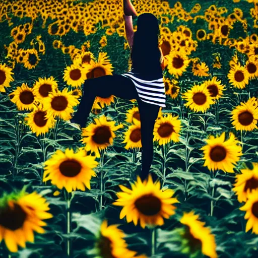 Image similar to aesthetic origami person dancing in a field of sunflowers, macro, high quality