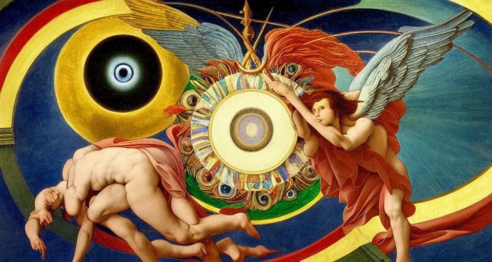 Image similar to painting of rainbow ophanim surrounded by large diagonally rotating rings, ophanim has bird wings, giant eyeball in the middle of the ophanim, by roberto. ferri, sandro botticelli, by caravaggio, by alexandre cabanel, by george clark stanton, amazing details, mythological, biblical, beautiful composition