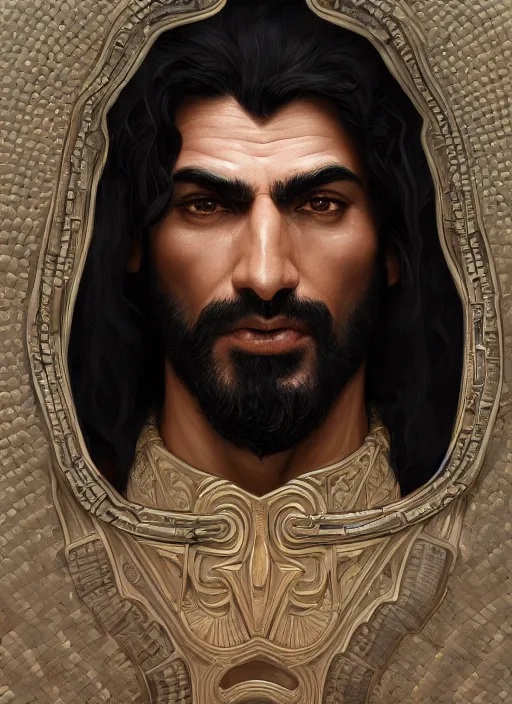 Prompt: portrait of a herculean arab man with black hair, style of god of war, swarm of sand, intricate, elegant, highly detailed, digital painting, artstation, concept art, smooth, sharp focus, illustration, art by artgerm and greg rutkowski and alphonse mucha, 8 k