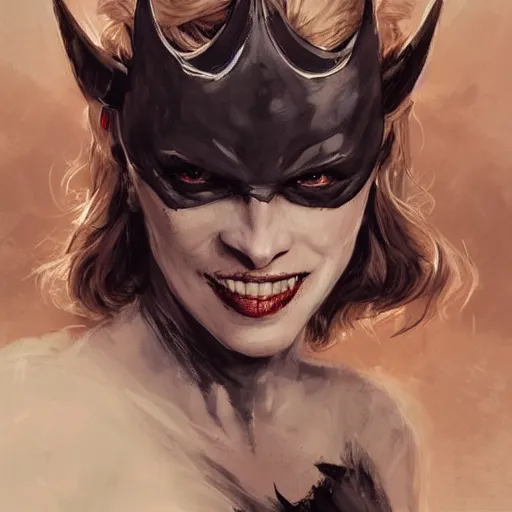 Prompt: batman as an attractive young smiling woman played by milla jovovich wearing a mushroom crown and heavy armoured wedding dress, face portrait, hd shot, digital portrait, elegant, beautiful, fantasy art, artstation, comic style, by artgerm, guy denning, jakub rozalski, magali villeneuve and charlie bowater