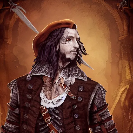 Prompt: Full body profile of Male Victorian Gothic Pirate, hd, intricate, bloodborne, 8k, digital art