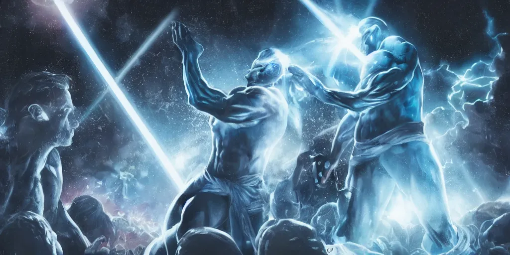Prompt: Jesus fighting Dr Manhattan as giants in a city, cinematography, high contrast, hyper realistic, lens flares
