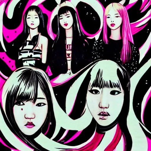Image similar to BLACKPINK K-pop band painted in style of Juni Ito