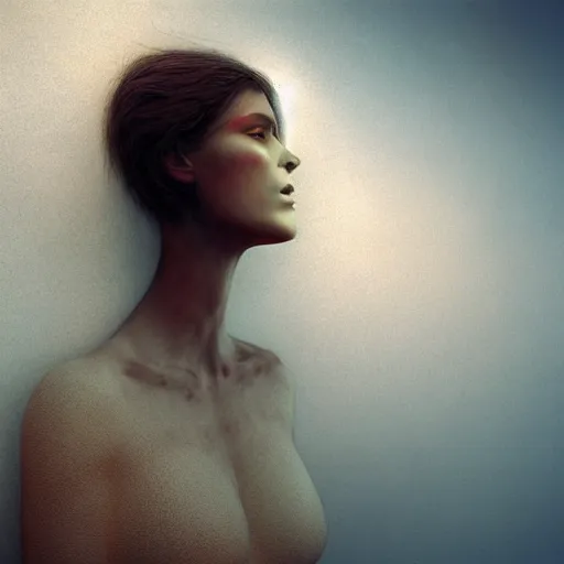 Image similar to dream woman, art, concept art, beksinski, zdzisław, photorealistic, rendered in octane, matte painting, highly detailed, featured on deviantart