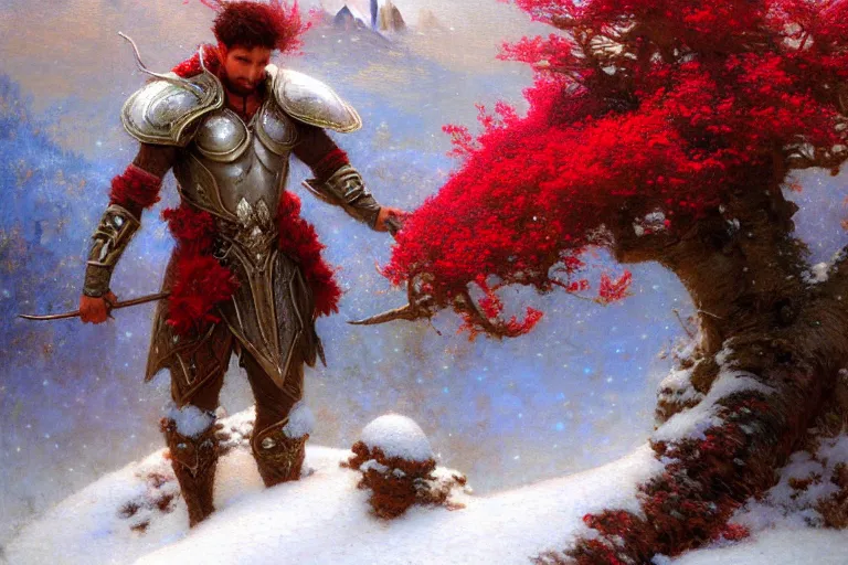 Image similar to winter, a male warrior wearing armor relaxing under a world tree with red flowers, ground covered with snow, extreme long shot, fantasy, painting by gaston bussiere, craig mullins, j. c. leyendecker, trending on artstation