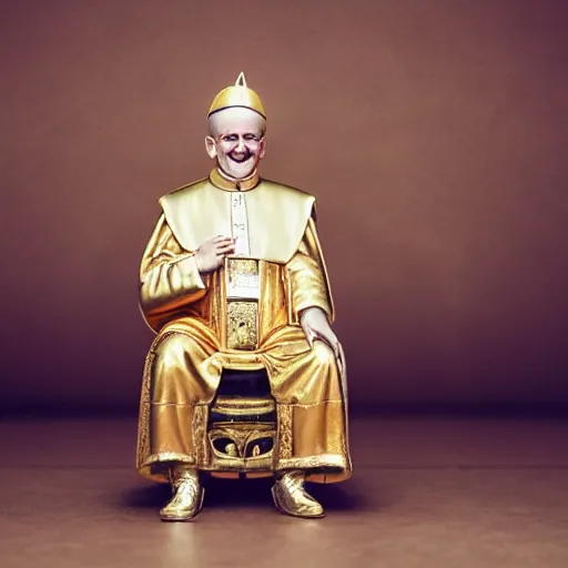 Prompt: photo of the Pope sitting on a golden toilet, 50mm, beautiful photo