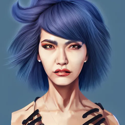 Image similar to illustrated realistic portrait of swept-back prong-horned devil woman with blue bob hairstyle and her tan colored skin and with solid black eyes wearing leather by rossdraws