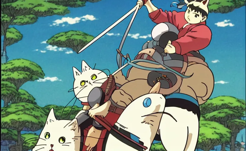 Prompt: comics spread about obese knight riding a giant cat, bokeh. anime masterpiece by studio ghibli. 8 k, sharp high quality classic anime from 1 9 9 0 in style of hayao miyazaki