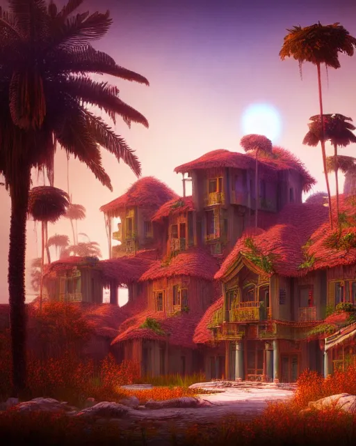 Image similar to a beautiful detailed render of nature city house by albert bierstadt, forest magic realism universe architecture island infrared vice city sunlight laser venus postcyberpunk fantasy darkacademia nature thermal imaging matte painting poppy desert san andreas, archdaily, wallpaper, highly detailed, trending on artstation.