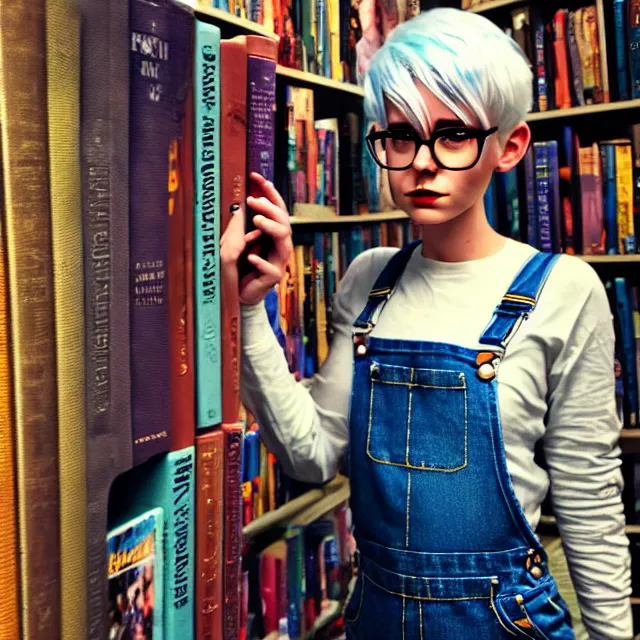 Image similar to full body pose, beautiful adult book fairy, pixar, short white hair shaved sides, dirty, grungy, grunge, long sleeve, painted overalls, stacks of giant books, highly detailed, 4 k, hdr, smooth, sharp focus, high resolution, award - winning photo, artgerm, photorealistic