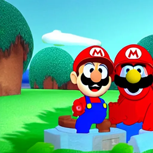 Prompt: elmo and mario adventure together