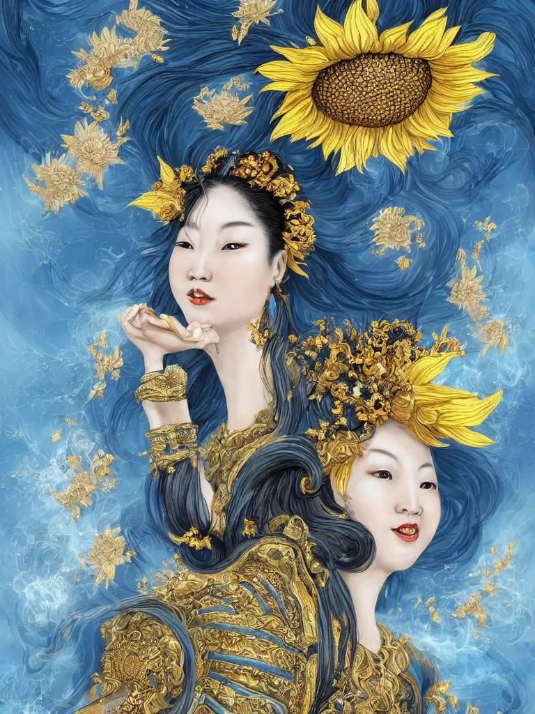 Image similar to Graceful portrait of the Sunflower Goddess, a Chinese female deity who brings joy and light onto the world with her smile and by channeling energy from the sun. Insanely nice professional hair style, dramatic hair colour, digital painting of a old 17th century, amber jewels and golden gemstones, baroque, ornate clothing, sci-fi, dark blue smoke background, flames, very realistic, chiaroscuro, art by Franz Hals and Jon Foster and Ayami Kojima and Amano and Karol Bal.