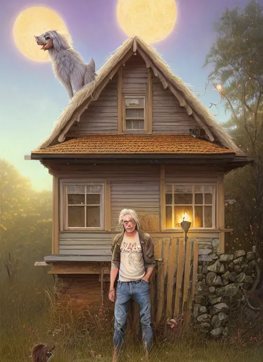 Prompt: highly detailed portrait of a blonde long - haired hillbilly in front of old style house, with his fluffy light gray australian shepherd, stephen bliss, art by greg rutkowski, loish, rhads, ferdinand knab, makoto shinkai and lois van baarle, artgerm, pixar, ilya kuvshinov, rossdraws, tom bagshaw, global illumination