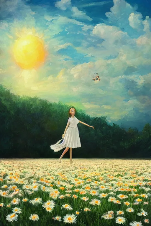 Image similar to giant white daisy flower as head, girl dancing in a flower field, surreal photography, sunrise, dramatic light, impressionist painting, colorful clouds, digital painting, artstation, simon stalenhag