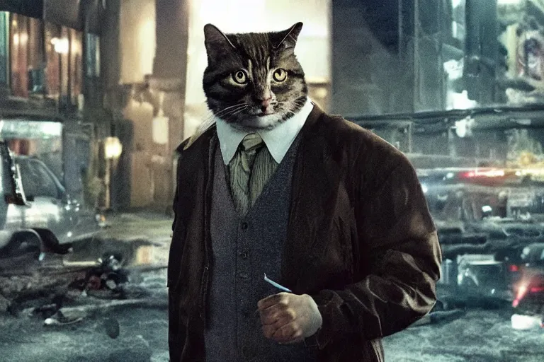 Prompt: film still of a genetically modified anthropomorphic humanoid cat detective at a crime scene. directed by david fincher.