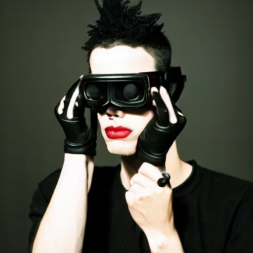 Prompt: kodak portra 4 0 0 photograph of a skinny cybergoth goth guy wearing goggles and eclectic jewelry, moody lighting, telephoto, 9 0 s vibe, blurred background