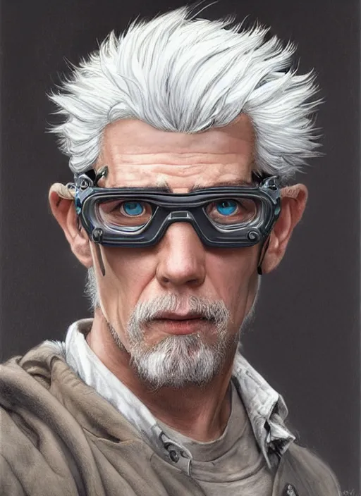 Image similar to a ruggedly handsome young man with white hair and safety goggles, intricate, elegant, highly detailed, centered, digital painting, artstation, concept art, smooth, sharp focus, illustration, art by todd lockwood and donato giancola and Joseph Christian Leyendecker